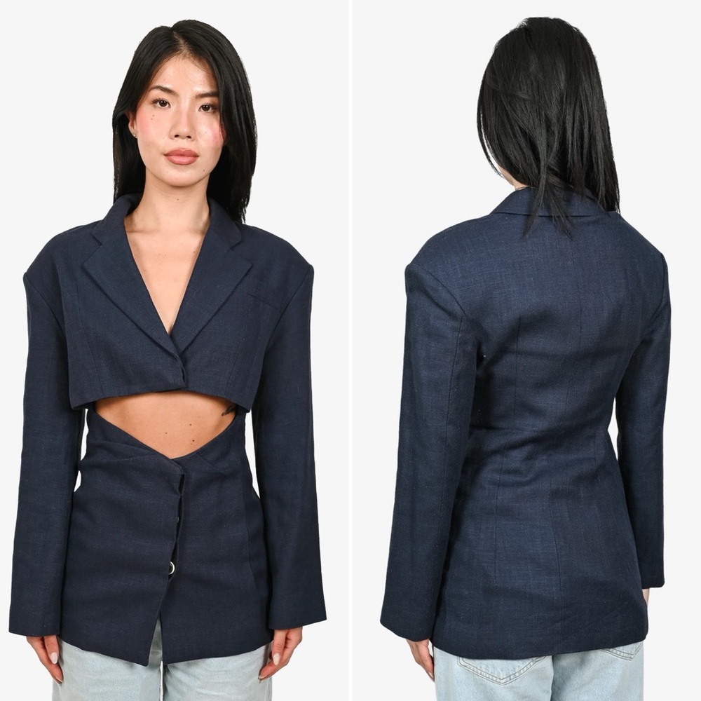 NWT JACQUEMUS Arles Mini Cutout Blazer Dress Linen Dark Blue Size 34 (2 US)